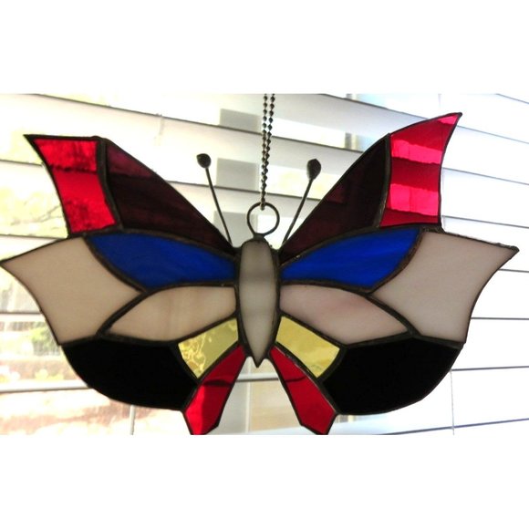 Vintage Stained Glass Butterfly Hand-Crafted Sun Catcher Red Blue White - Picture 7 of 12